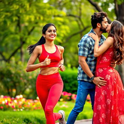 An energetic outdoor scene in a vibrant park featuring an Indian woman dressed in stylish red sportswear, complete with a fitted top and leggings, embodying fitness and determination as she goes for a run