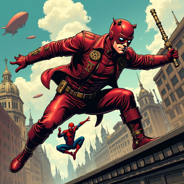 An exhilarating illustration of Daredevil reimagined in a steampunk style, combined with the vibrant comic book aesthetic reminiscent of classic Spider-Man comics