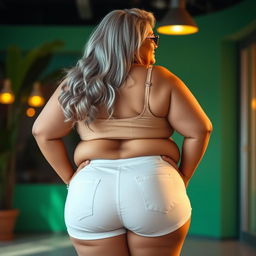 A 55-year-old Indian plus-size woman, depicted as a confident cougar, showcasing her buxom and voluptuous figure