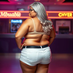 A 55-year-old Indian plus-size woman, depicted as a confident cougar, showcasing her buxom and voluptuous figure