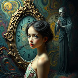 A beautiful, stunning girl with captivating features stands in a psychedelic, Salvador Dali-inspired world