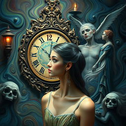 A beautiful, stunning girl with captivating features stands in a psychedelic, Salvador Dali-inspired world