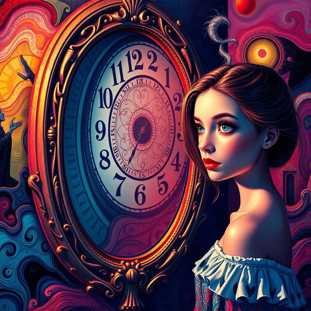 A beautiful, stunning girl with captivating features stands in a psychedelic, Salvador Dali-inspired world