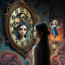 A beautiful, stunning girl with captivating features stands in a psychedelic, Salvador Dali-inspired world