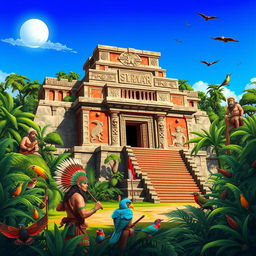 A vibrant and detailed illustration of an ancient Aztec temple surrounded by lush jungles and unique wildlife