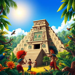 A vibrant and detailed illustration of an ancient Aztec temple surrounded by lush jungles and unique wildlife