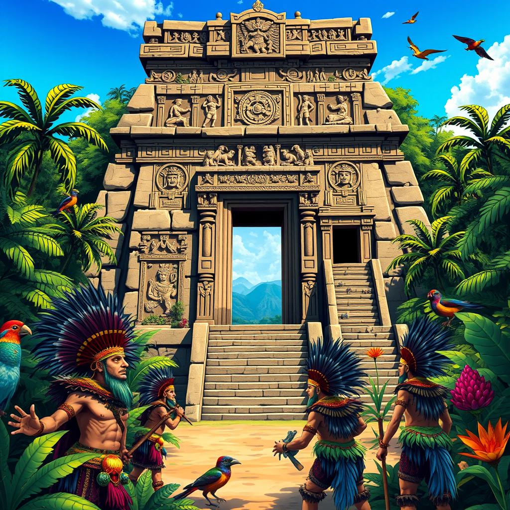 A vibrant and detailed illustration of an ancient Aztec temple surrounded by lush jungles and unique wildlife