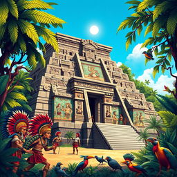 A vibrant and detailed illustration of an ancient Aztec temple surrounded by lush jungles and unique wildlife