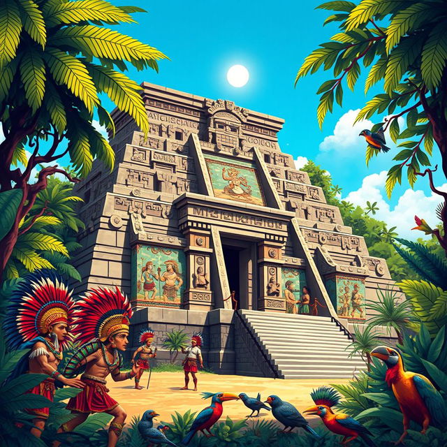 A vibrant and detailed illustration of an ancient Aztec temple surrounded by lush jungles and unique wildlife