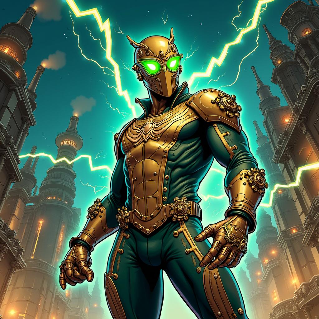 An electrifying illustration of Electro reimagined in a steampunk style, fused with the vibrant aesthetic of Spider-Man comics