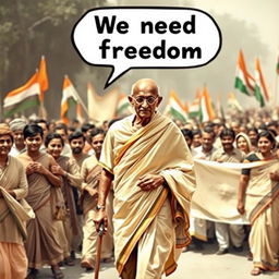 A historic scene depicting Mahatma Gandhi, elegantly dressed in a traditional saree, leading a passionate crowd during a satyagraha for India's freedom