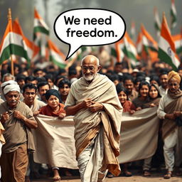 A historic scene depicting Mahatma Gandhi, elegantly dressed in a traditional saree, leading a passionate crowd during a satyagraha for India's freedom