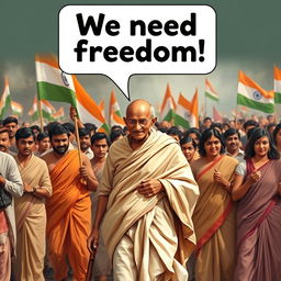 A historic scene depicting Mahatma Gandhi, elegantly dressed in a traditional saree, leading a passionate crowd during a satyagraha for India's freedom