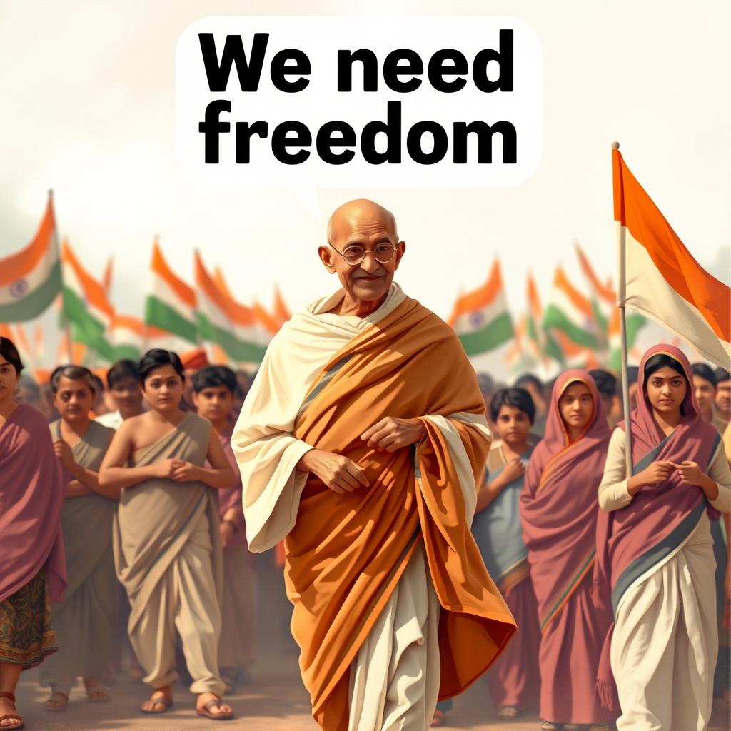 A historic scene depicting Mahatma Gandhi, elegantly dressed in a traditional saree, leading a passionate crowd during a satyagraha for India's freedom