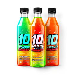 Design concept for an energy drink bottle titled '10 Hour Energy'