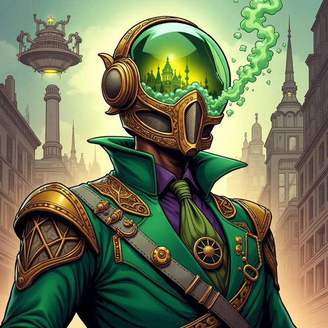 An eye-catching illustration of Mysterio reimagined in a steampunk style, presented in vibrant Spider-Man comic style