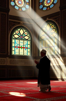 A serene and peaceful scene depicting a Muslim person in prayer (Sholat) inside a beautifully decorated mosque, soft natural light streaming through colorful stained glass windows, intricate geometric patterns on the walls and tiles, a calm atmosphere, and focus on the individual in a perfect prayer position