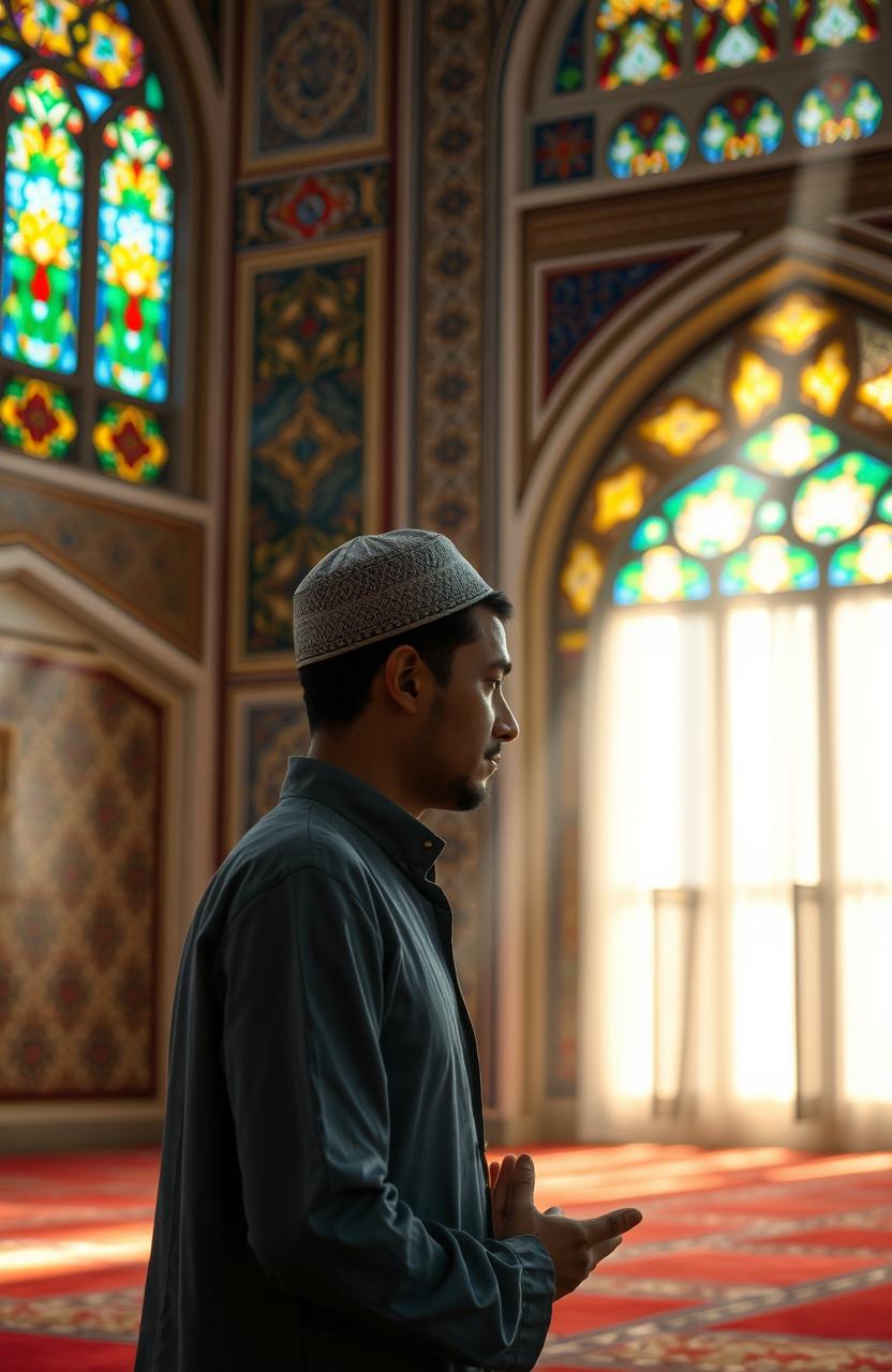 A serene and peaceful scene depicting a Muslim person in prayer (Sholat) inside a beautifully decorated mosque, soft natural light streaming through colorful stained glass windows, intricate geometric patterns on the walls and tiles, a calm atmosphere, and focus on the individual in a perfect prayer position
