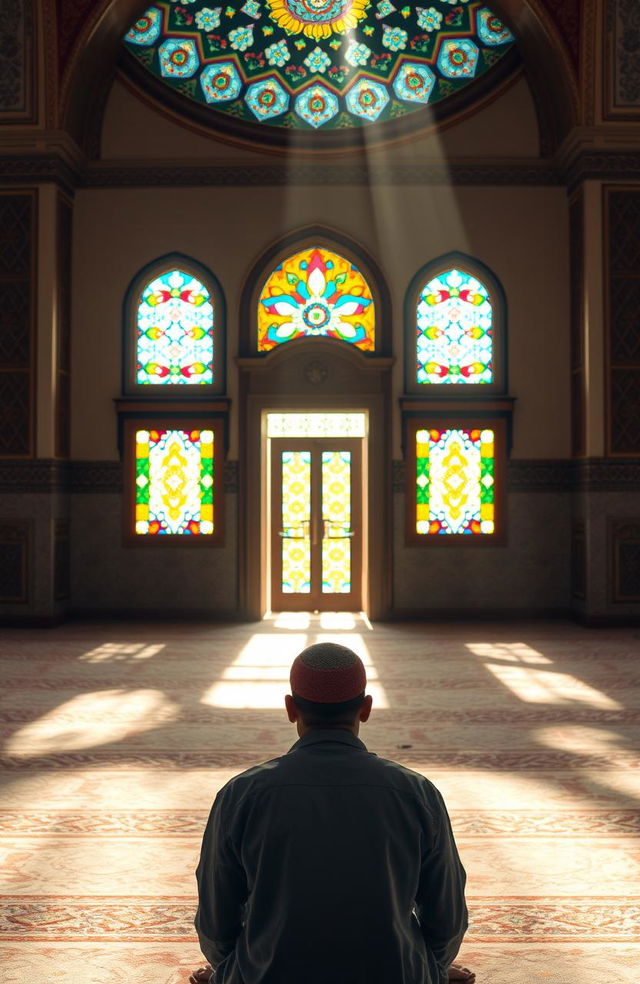 A serene and peaceful scene depicting a Muslim person in prayer (Sholat) inside a beautifully decorated mosque, soft natural light streaming through colorful stained glass windows, intricate geometric patterns on the walls and tiles, a calm atmosphere, and focus on the individual in a perfect prayer position