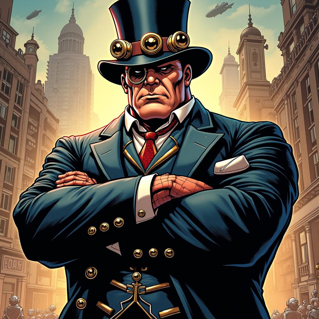 A powerful portrayal of Kingpin reimagined in a steampunk style, depicted in a classic Spider-Man comic style