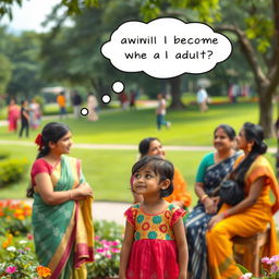 A charming scene in a lively park showing a 10-year-old Indian girl, with a curious and thoughtful expression, watching a group of Indian women laughing and enjoying each other's company