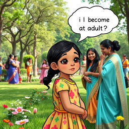 A charming scene in a lively park showing a 10-year-old Indian girl, with a curious and thoughtful expression, watching a group of Indian women laughing and enjoying each other's company