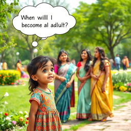 A charming scene in a lively park showing a 10-year-old Indian girl, with a curious and thoughtful expression, watching a group of Indian women laughing and enjoying each other's company