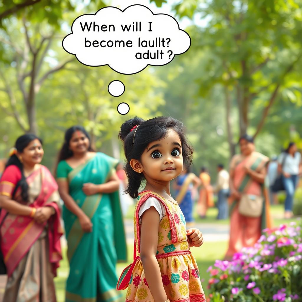 A charming scene in a lively park showing a 10-year-old Indian girl, with a curious and thoughtful expression, watching a group of Indian women laughing and enjoying each other's company