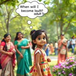 A charming scene in a lively park showing a 10-year-old Indian girl, with a curious and thoughtful expression, watching a group of Indian women laughing and enjoying each other's company