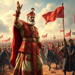 A dramatic historical scene depicting the Mughal emperor Akbar, dressed in traditional regal attire rich in detail and color, standing victoriously on the battlefield after defeating Ibrahim Lodi in 1526