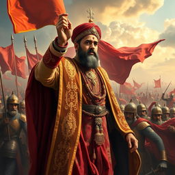 A dramatic historical scene depicting the Mughal emperor Akbar, dressed in traditional regal attire rich in detail and color, standing victoriously on the battlefield after defeating Ibrahim Lodi in 1526