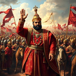 A dramatic historical scene depicting the Mughal emperor Akbar, dressed in traditional regal attire rich in detail and color, standing victoriously on the battlefield after defeating Ibrahim Lodi in 1526