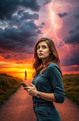 A woman standing at a crossroads, looking contemplative yet curious, holding her phone in one hand