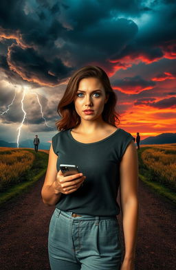 A woman standing at a crossroads, looking contemplative yet curious, holding her phone in one hand