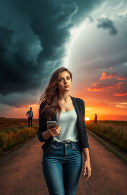 A woman standing at a crossroads, looking contemplative yet curious, holding her phone in one hand
