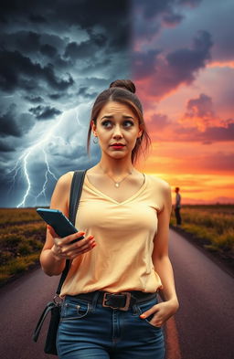 A woman standing at a crossroads, looking contemplative yet curious, holding her phone in one hand