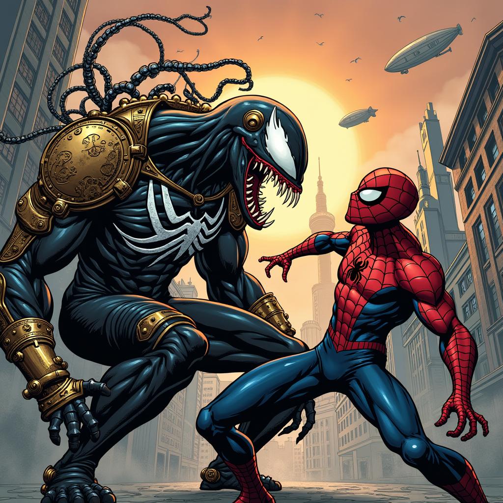 An exhilarating comic-style illustration of Venom reimagined in a steampunk aesthetic, set in a dynamic confrontation with Spider-Man