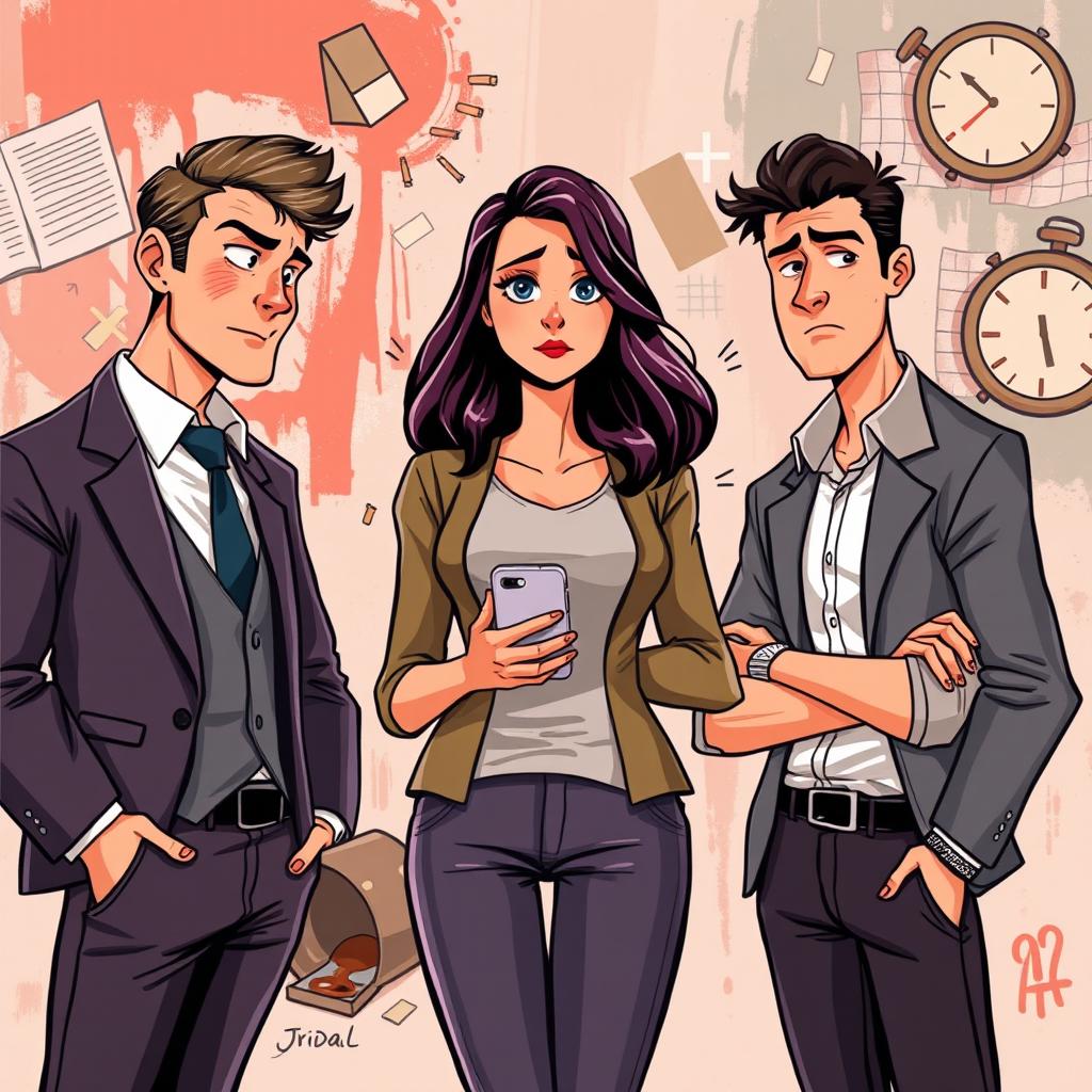 An illustration depicting a modern, sarcastic drama featuring a woman named Iridal, who stands confidently in the center with a conflicted expression while holding her phone