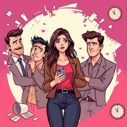 An illustration depicting a modern, sarcastic drama featuring a woman named Iridal, who stands confidently in the center with a conflicted expression while holding her phone
