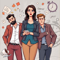 An illustration depicting a modern, sarcastic drama featuring a woman named Iridal, who stands confidently in the center with a conflicted expression while holding her phone
