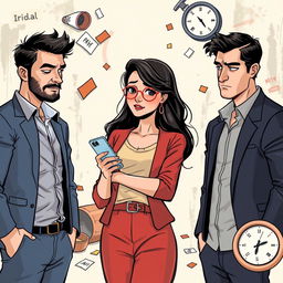An illustration depicting a modern, sarcastic drama featuring a woman named Iridal, who stands confidently in the center with a conflicted expression while holding her phone