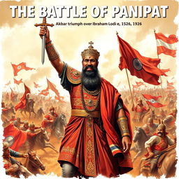 An epic historical scene depicting Emperor Akbar in ornate Mughal armor, standing triumphantly over the battlefield after defeating Ibrahim Lodi