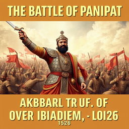 An epic historical scene depicting Emperor Akbar in ornate Mughal armor, standing triumphantly over the battlefield after defeating Ibrahim Lodi