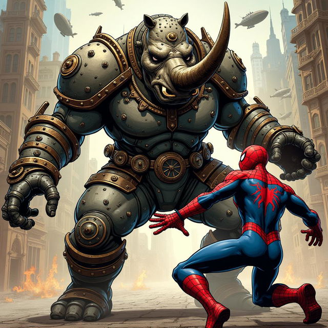 A striking comic-style illustration of the Rhino reimagined in a steampunk setting, ready for battle with Spider-Man