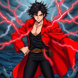 A dynamic manga-style illustration of a male pirate character