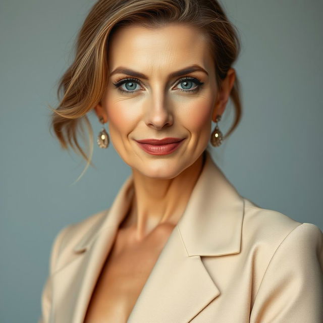 A beautiful 40-year-old woman dressed in a stylish and elegant outfit, completely modest yet appealing