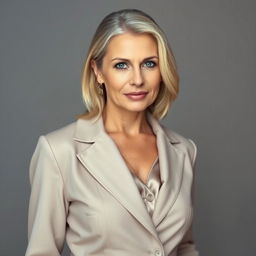 A beautiful 40-year-old woman dressed in a stylish and elegant outfit, completely modest yet appealing