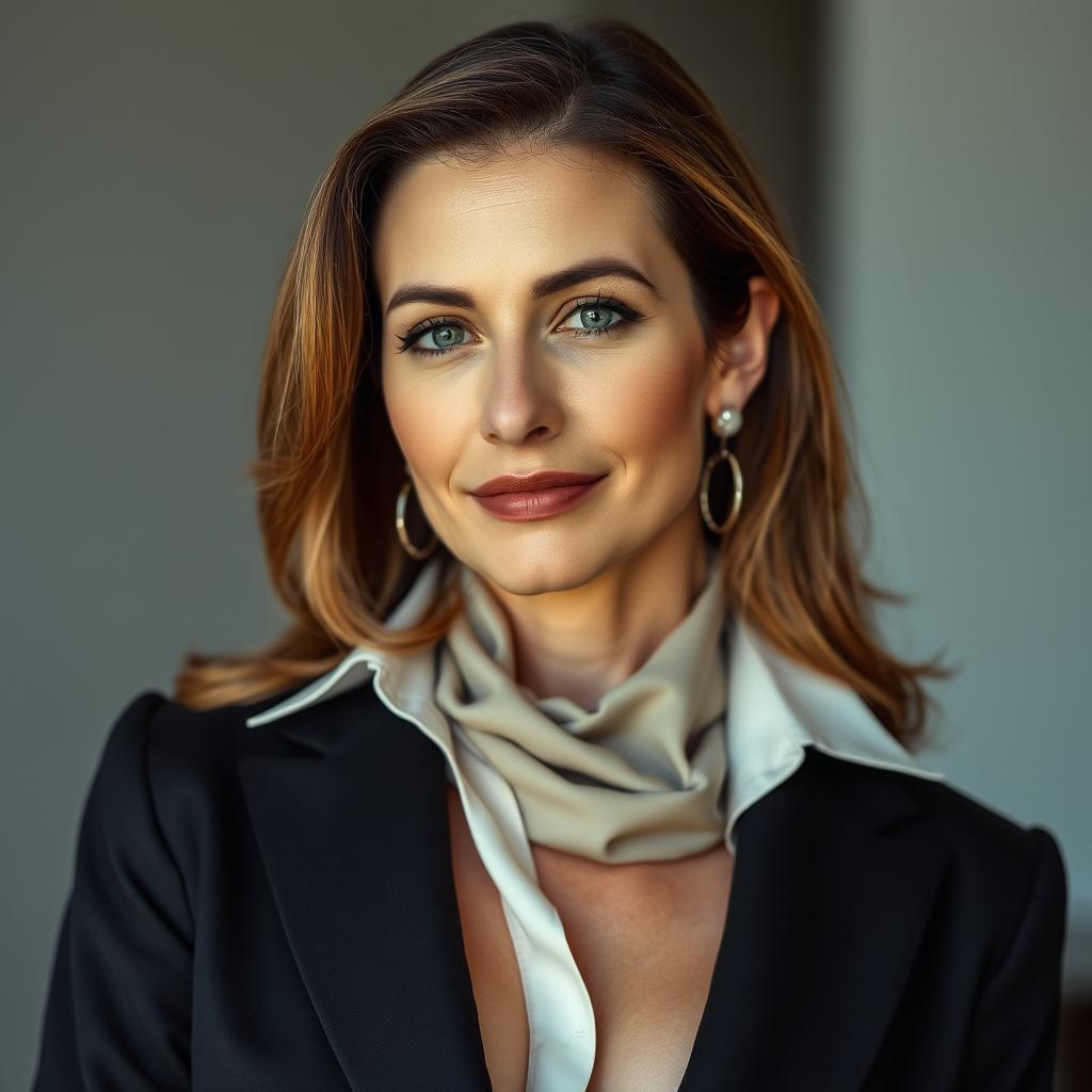 A beautiful 40-year-old woman dressed in a stylish and elegant outfit, completely modest yet appealing