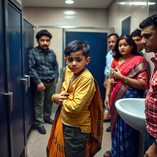 A distressing scene in a public restroom where an Indian mother is assisting her young son, who has just emerged from a men's toilet