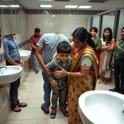 A distressing scene in a public restroom where an Indian mother is assisting her young son, who has just emerged from a men's toilet